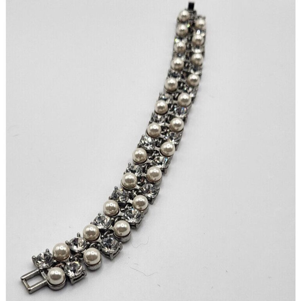 Vintage 50s Hollywood Glam Pearl and Rhinestone Tennis Bracelet 7.5in